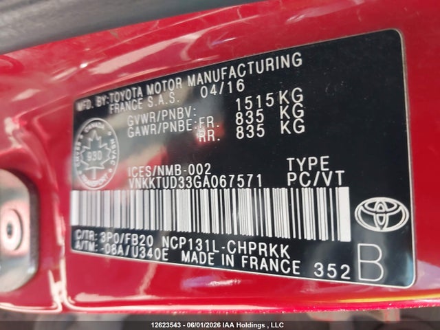 2016 Toyota Yaris Le მანქანა იყიდება აუქციონზე, vin: VNKKTUD33GA067571, აუქციონის ნომერი: 12623543