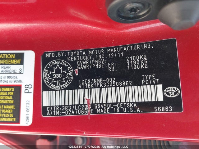 2012 Toyota Camry მანქანა იყიდება აუქციონზე, vin: 4T1BK1FK3CU508862, აუქციონის ნომერი: 12623544