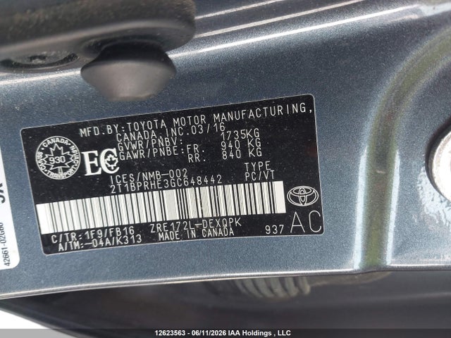 2T1BPRHE3GC648442 Toyota Corolla