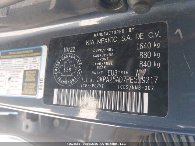 12623569 :رقم المزاد ، 3KPA25AD7PE529217 vin ، 2023 Kia Rio S مزاد بيع