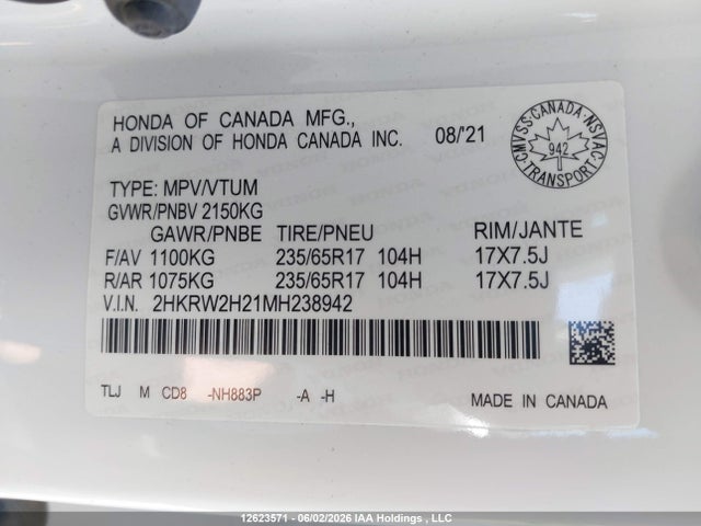 12623571 :رقم المزاد ، 2HKRW2H21MH238942 vin ، 2021 Honda Cr-v Lx مزاد بيع