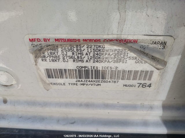 2014 Mitsubishi Outlander Gt მანქანა იყიდება აუქციონზე, vin: JA4JZ4AX2EZ604787, აუქციონის ნომერი: 12623575