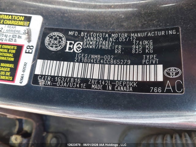 12623578 :رقم المزاد ، 2T1BU4EE4CC865279 vin ، 2012 Toyota Corolla S/le مزاد بيع