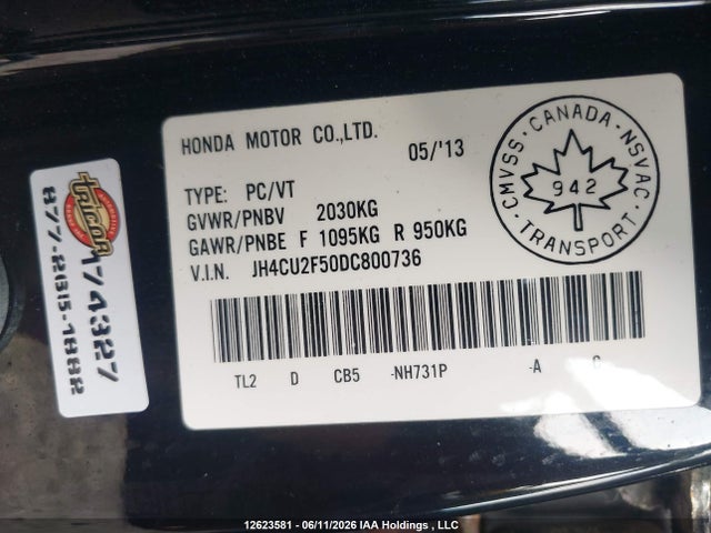 12623581 :رقم المزاد ، JH4CU2F50DC800736 vin ، 2013 Acura Tsx مزاد بيع