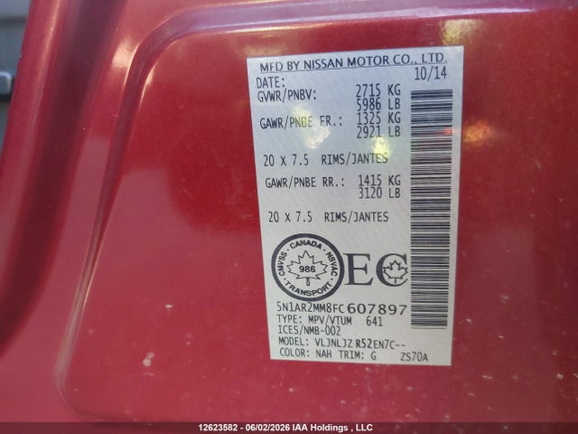 12623582 :رقم المزاد ، 5N1AR2MM8FC607897 vin ، 2015 Nissan Pathfinder Platinum/s/sl/sv مزاد بيع