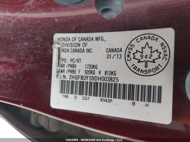 12623589 :رقم المزاد ، 2HGFB2F59DH003825 vin ، 2013 Honda Civic Ex مزاد بيع