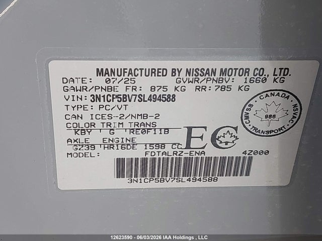2025 Nissan Kicks Play S Cvt მანქანა იყიდება აუქციონზე, vin: 3N1CP5BV7SL494588, აუქციონის ნომერი: 12623590