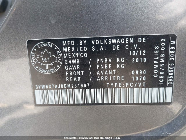 2013 Volkswagen Jetta Hybrid მანქანა იყიდება აუქციონზე, vin: 3VW637AJ0DM231997, აუქციონის ნომერი: 12623598