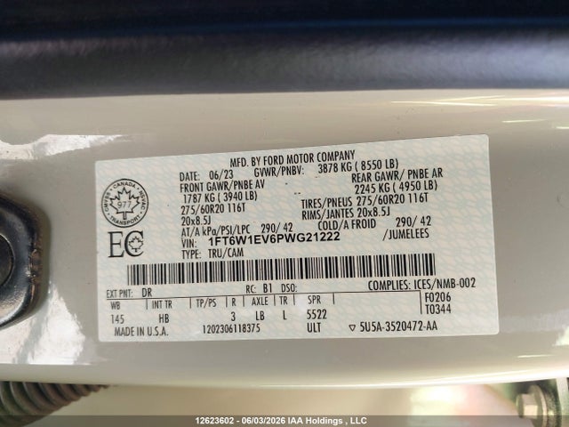 12623602 :رقم المزاد ، 1FT6W1EV6PWG21222 vin ، 2023 Ford F150 Lightning Pro/lightning Xlt/lightning Lariat/lightning Platinum مزاد بيع