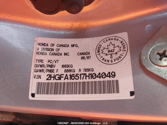 Aukcja sprzedaży 2007 Honda Civic Lx, vin: 2HGFA16517H104049, numer aukcji: 12623607