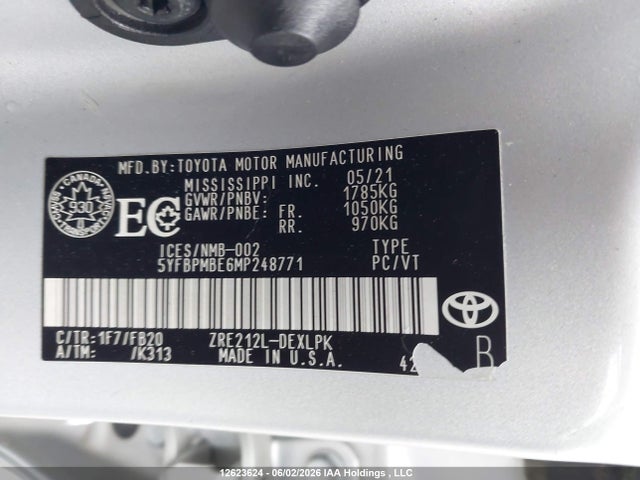 Aukcja sprzedaży 2021 Toyota Corolla Le, vin: 5YFBPMBE6MP248771, numer aukcji: 12623624