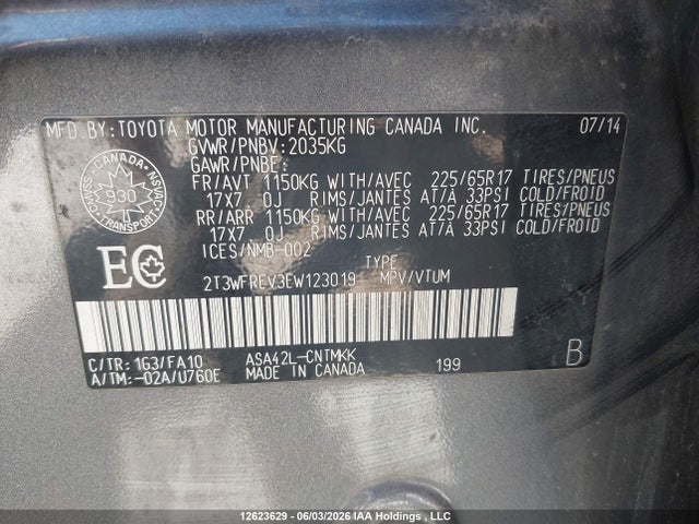 2014 Toyota Rav4 Xle მანქანა იყიდება აუქციონზე, vin: 2T3WFREV3EW123019, აუქციონის ნომერი: 12623629
