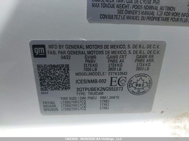 Aukcja sprzedaży 2022 Gmc Sierra K1500 Sle, vin: 3GTPUBEK2NG551073, numer aukcji: 12623630