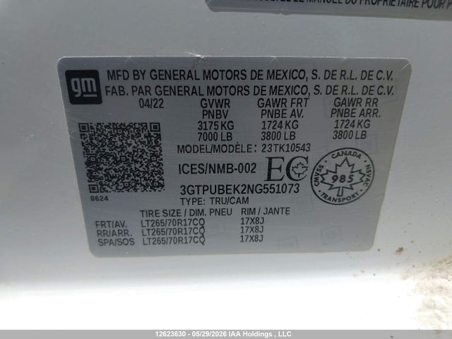 Aukcja sprzedaży 2022 Gmc Sierra K1500 Sle, vin: 3GTPUBEK2NG551073, numer aukcji: 12623630