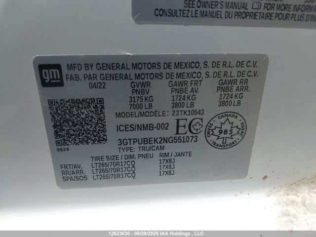 Aukcja sprzedaży 2022 Gmc Sierra K1500 Sle, vin: 3GTPUBEK2NG551073, numer aukcji: 12623630