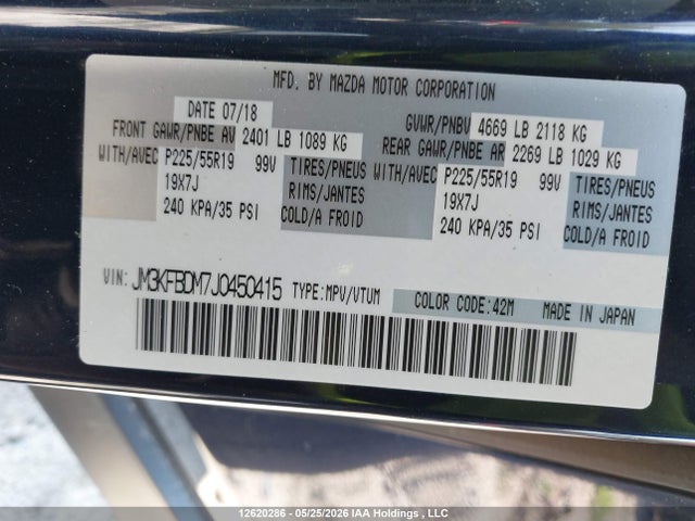12620286 :رقم المزاد ، JM3KFBDM7J0450415 vin ، 2018 Mazda Cx-5 Gt مزاد بيع