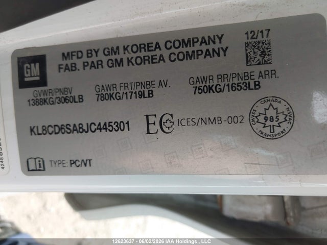 12623637 :رقم المزاد ، KL8CD6SA8JC445301 vin ، 2018 Chevrolet Spark 1lt Cvt مزاد بيع
