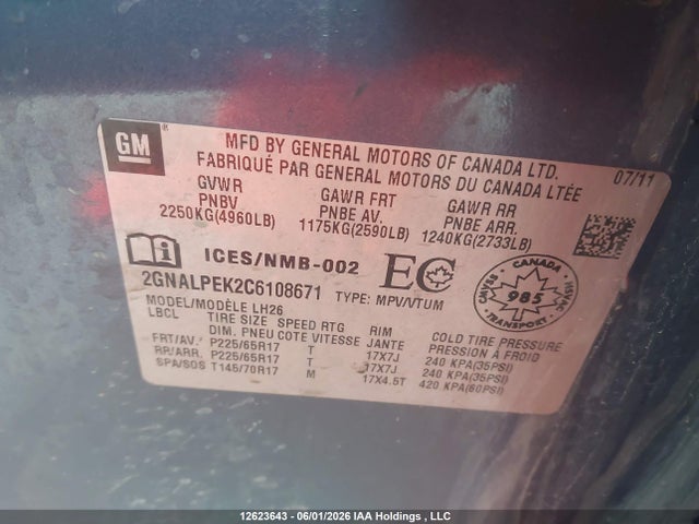 Aukcja sprzedaży 2012 Chevrolet Equinox 2lt, vin: 2GNALPEK2C6108671, numer aukcji: 12623643