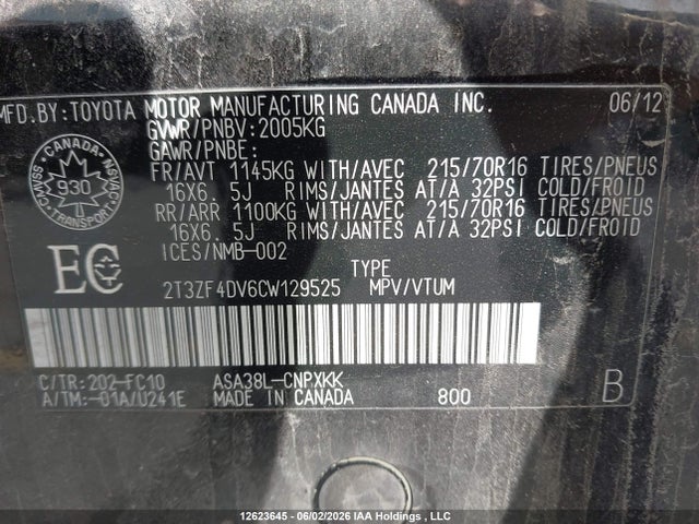 12623645 :رقم المزاد ، 2T3ZF4DV6CW129525 vin ، 2012 Toyota Rav4 مزاد بيع
