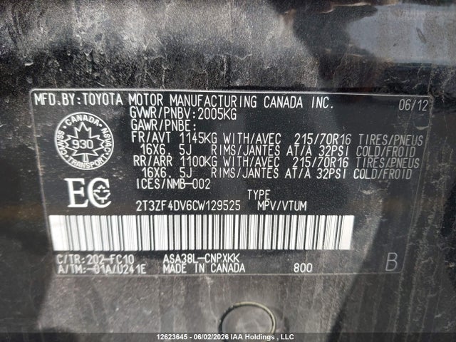 12623645 :رقم المزاد ، 2T3ZF4DV6CW129525 vin ، 2012 Toyota Rav4 مزاد بيع