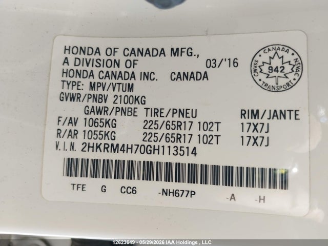 12623649 :رقم المزاد ، 2HKRM4H70GH113514 vin ، 2016 Honda Cr-v مزاد بيع