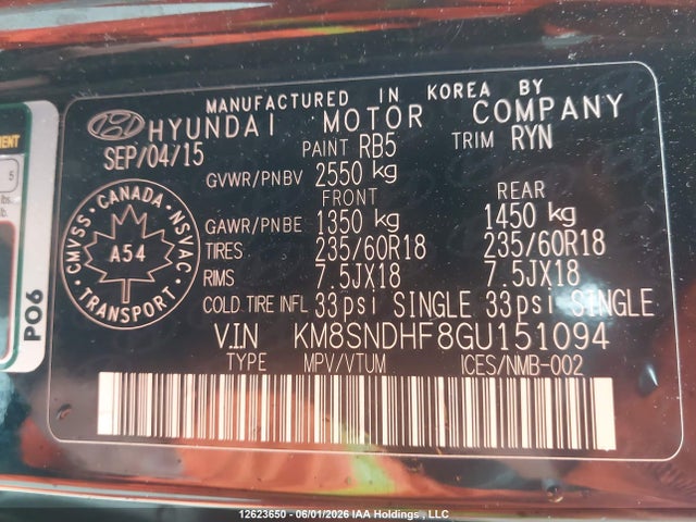 KM8SNDHF8GU151094 Hyundai Santa Fe Se/limited