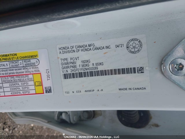 Продаж на аукціоні авто 2022 Honda Civic Touring, vin: 2HGFE1F92NH000089, номер лоту: 12623652