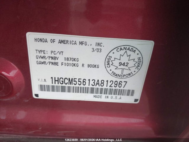Aukcja sprzedaży 2003 Honda Accord Ex, vin: 1HGCM55613A812967, numer aukcji: 12623659
