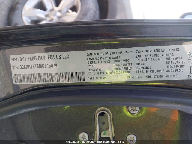 12623663 :رقم المزاد ، 3C6RR7KT8MG616079 vin ، 2021 Ram 1500 Classic Tradesman مزاد بيع