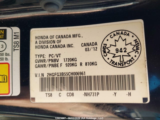 Aukcja sprzedaży 2012 Honda Civic, vin: 2HGFG3B55CH006961, numer aukcji: 12623667