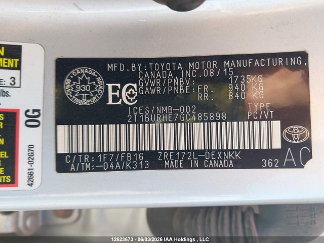 12623673 :رقم المزاد ، 2T1BURHE7GC485898 vin ، 2016 Toyota Corolla L/le/le Pls/prm/s/s Pls مزاد بيع