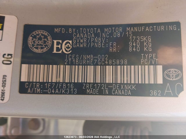 12623673 :رقم المزاد ، 2T1BURHE7GC485898 vin ، 2016 Toyota Corolla L/le/le Pls/prm/s/s Pls مزاد بيع