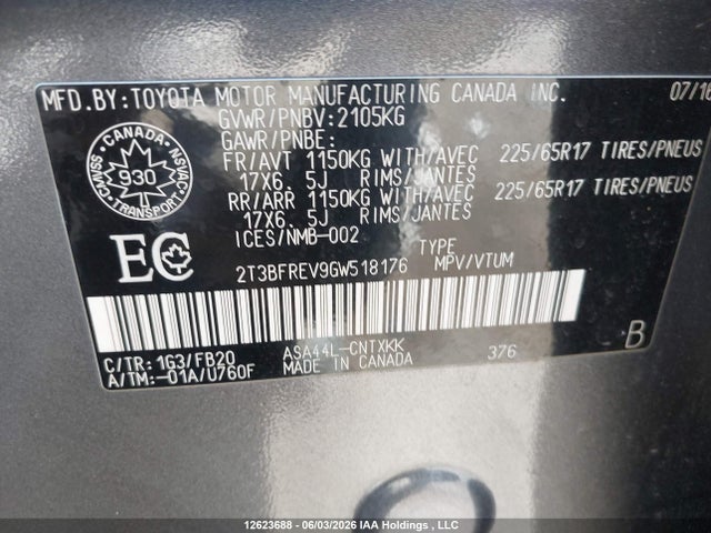 12623688 :رقم المزاد ، 2T3BFREV9GW518176 vin ، 2016 Toyota Rav4 Le مزاد بيع