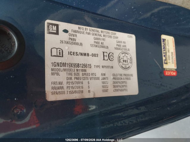 12623696 :رقم المزاد ، 1GNDM19X95B126615 vin ، 2005 Chevrolet Astro مزاد بيع