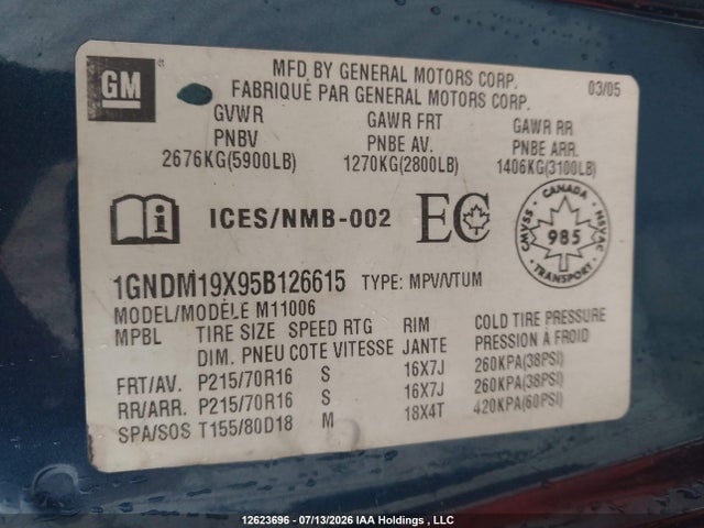 12623696 :رقم المزاد ، 1GNDM19X95B126615 vin ، 2005 Chevrolet Astro مزاد بيع