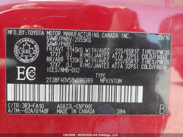 2011 Toyota Rav4 მანქანა იყიდება აუქციონზე, vin: 2T3BF4DV5BW086389, აუქციონის ნომერი: 12623699