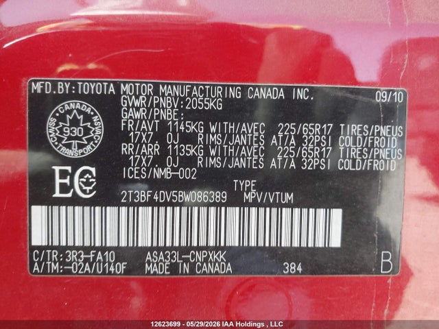 2011 Toyota Rav4 მანქანა იყიდება აუქციონზე, vin: 2T3BF4DV5BW086389, აუქციონის ნომერი: 12623699