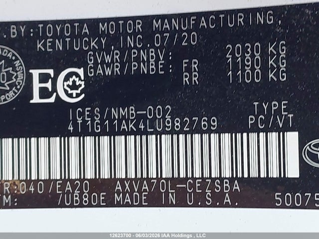 12623700 :رقم المزاد ، 4T1G11AK4LU982769 vin ، 2020 Toyota Camry مزاد بيع
