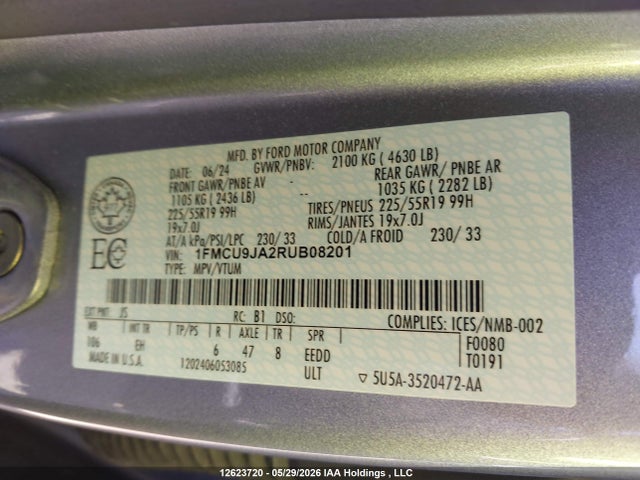 Продажа на аукционе авто 2024 Ford Escape Platinum, vin: 1FMCU9JA2RUB08201, номер лота: 12623720