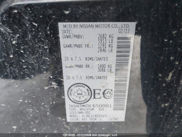 Aukcja sprzedaży 2013 Nissan Pathfinder Platinum/s/sl/sv, vin: 5N1AR2MM2DC650001, numer aukcji: 12518028