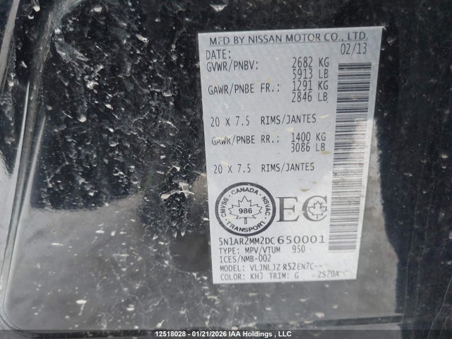 Aukcja sprzedaży 2013 Nissan Pathfinder Platinum/s/sl/sv, vin: 5N1AR2MM2DC650001, numer aukcji: 12518028