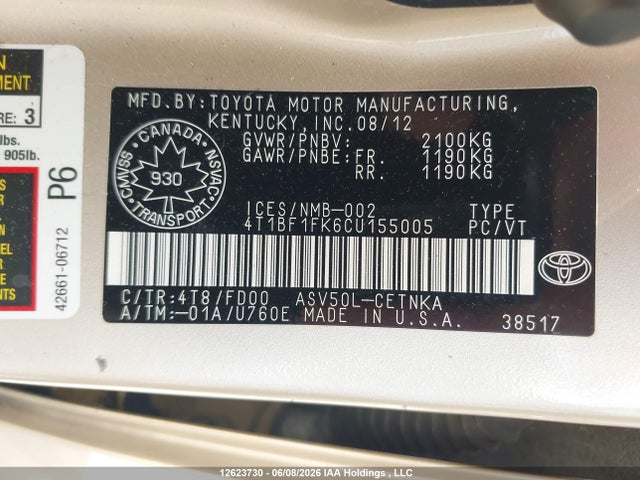 Продаж на аукціоні авто 2012 Toyota Camry Se/le/xle, vin: 4T1BF1FK6CU155005, номер лоту: 12623730