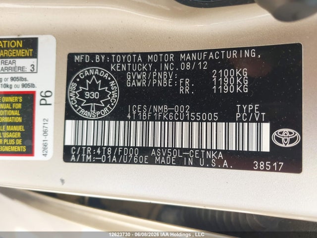 Продаж на аукціоні авто 2012 Toyota Camry Se/le/xle, vin: 4T1BF1FK6CU155005, номер лоту: 12623730