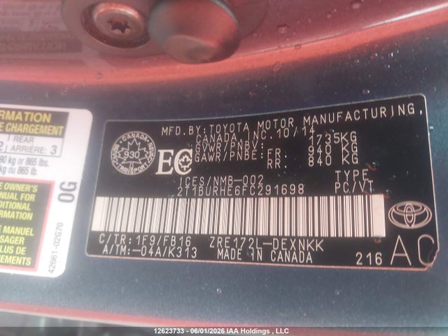 2015 Toyota Corolla L/le/le Pls/prm/s/s Pls მანქანა იყიდება აუქციონზე, vin: 2T1BURHE6FC291698, აუქციონის ნომერი: 12623733