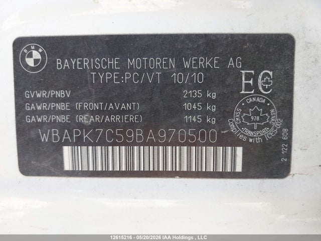 12615216 :رقم المزاد ، WBAPK7C59BA970500 vin ، 2011 Bmw 328i Xdrive مزاد بيع
