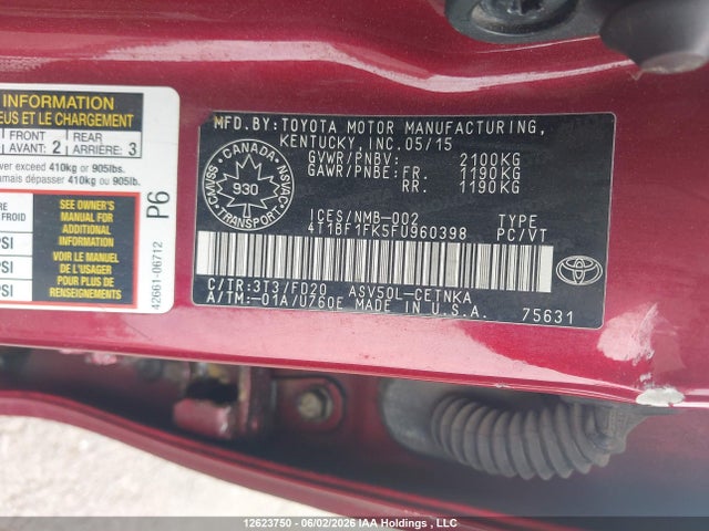 Aukcja sprzedaży 2015 Toyota Camry Le/xle/se/xse, vin: 4T1BF1FK5FU960398, numer aukcji: 12623750