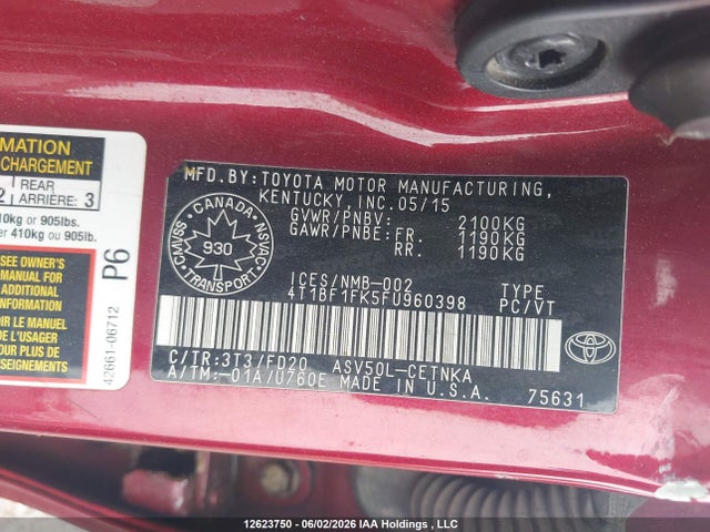 Aukcja sprzedaży 2015 Toyota Camry Le/xle/se/xse, vin: 4T1BF1FK5FU960398, numer aukcji: 12623750