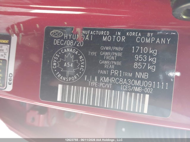 12623755 :رقم المزاد ، KMHRC8A30MU091111 vin ، 2021 Hyundai Venue Preferred With Two-tone Body Colour مزاد بيع