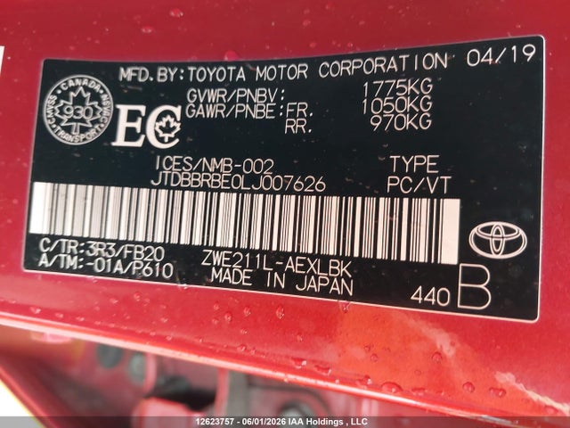 Продаж на аукціоні авто 2020 Toyota Corolla Hybrid, vin: JTDBBRBE0LJ007626, номер лоту: 12623757