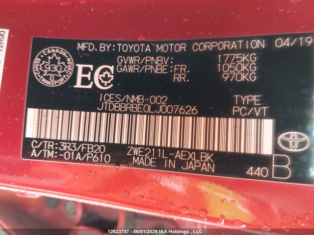 Продаж на аукціоні авто 2020 Toyota Corolla Hybrid, vin: JTDBBRBE0LJ007626, номер лоту: 12623757